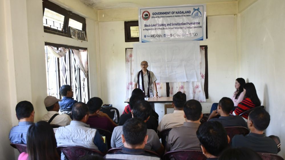 Deputy Director David Khutso delivers an awareness session on the importance of birth and death registration during a block-level training programme at the DESO Conference Hall in Wokha on October 15. (DIPR Photo)